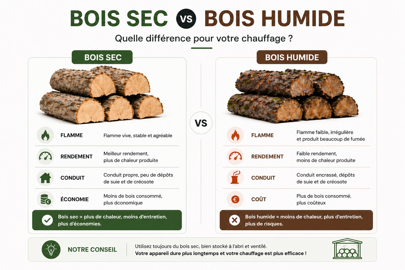 Différence bois sec vs bois humide chauffage