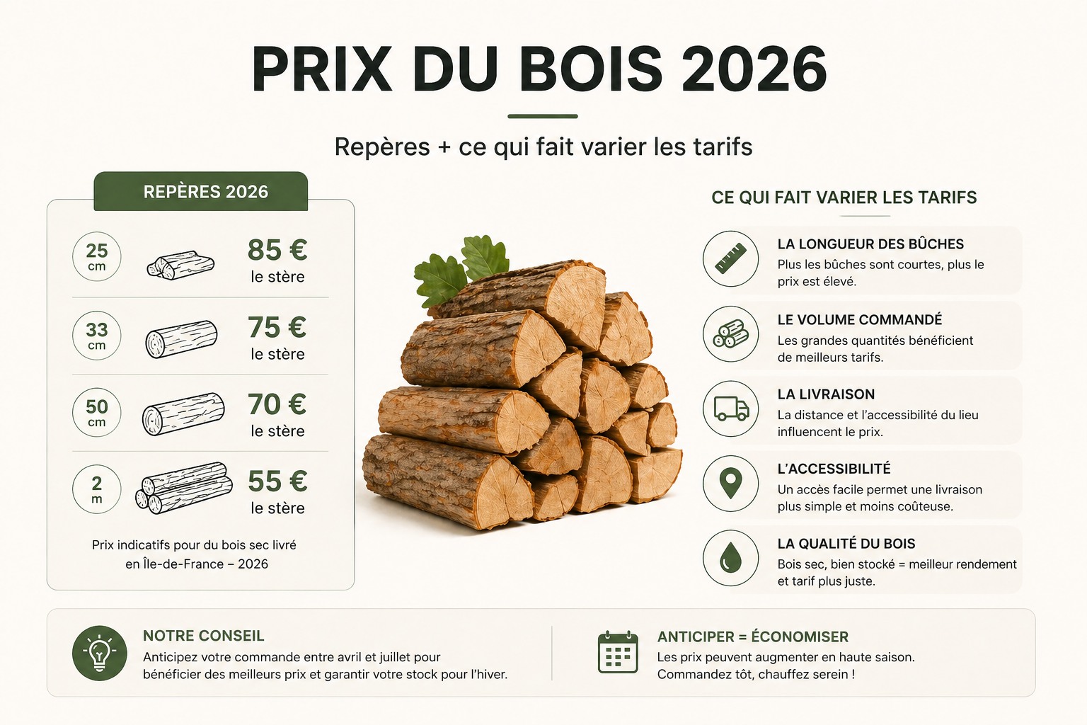Prix bois de chauffage 2026 stère